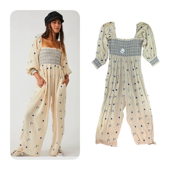 Free People Pants - FREE PEOPLE Embroidered DAHLIA Jumpsuit Large New